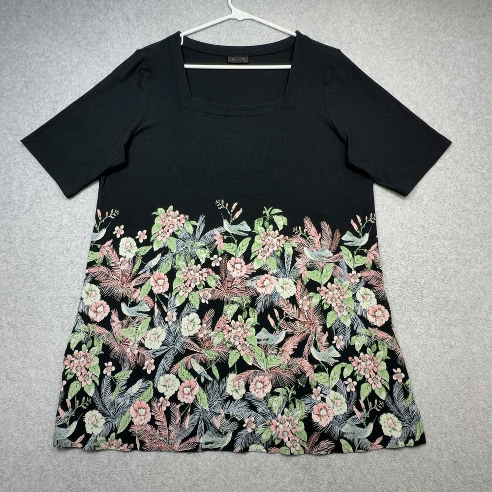 J Jill Wearever Shirt Womens Large Black Floral Square Neck Short Sleeve Tunic